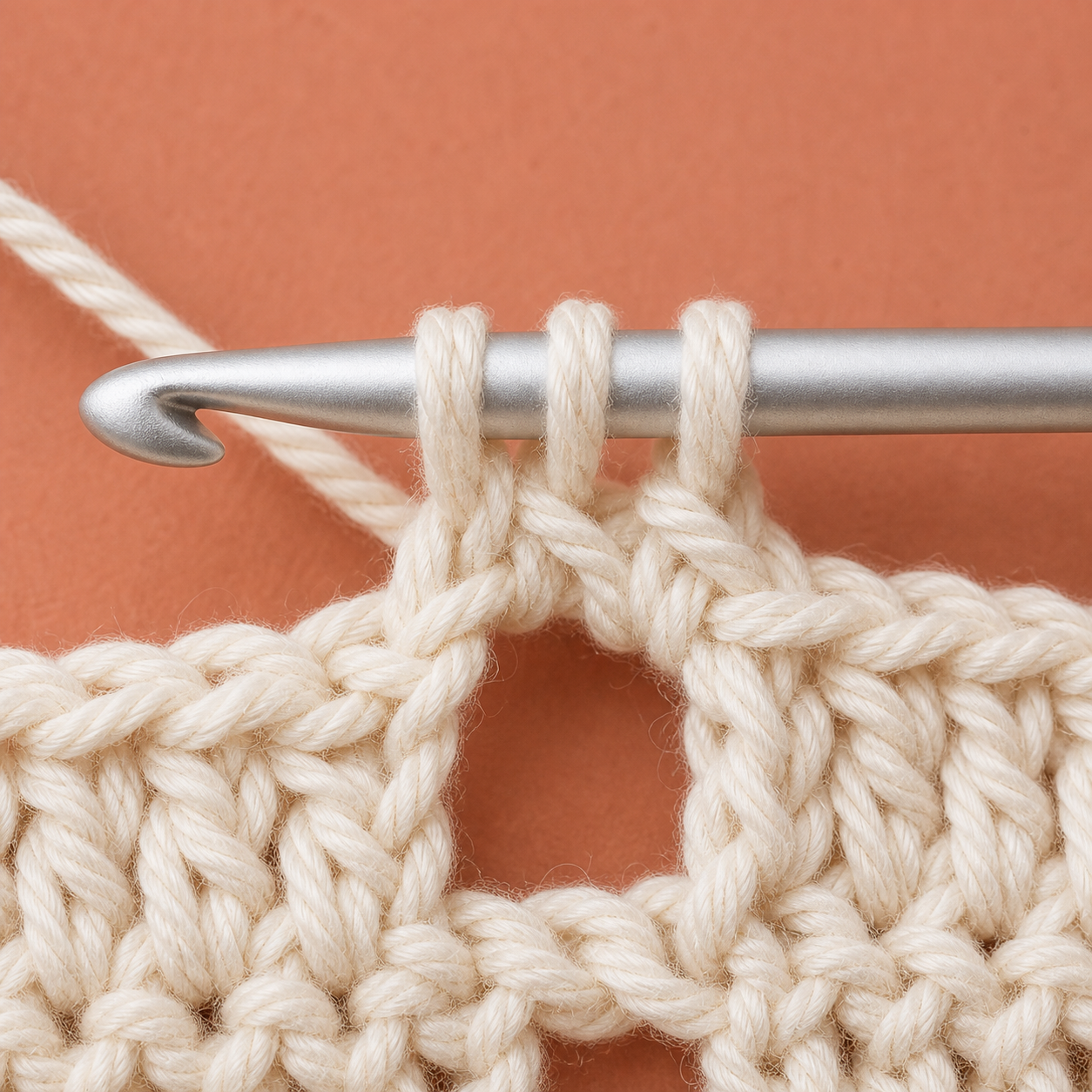 AI-assisted close-up of a crochet hook holding exactly three yarn loops above an open chain space.