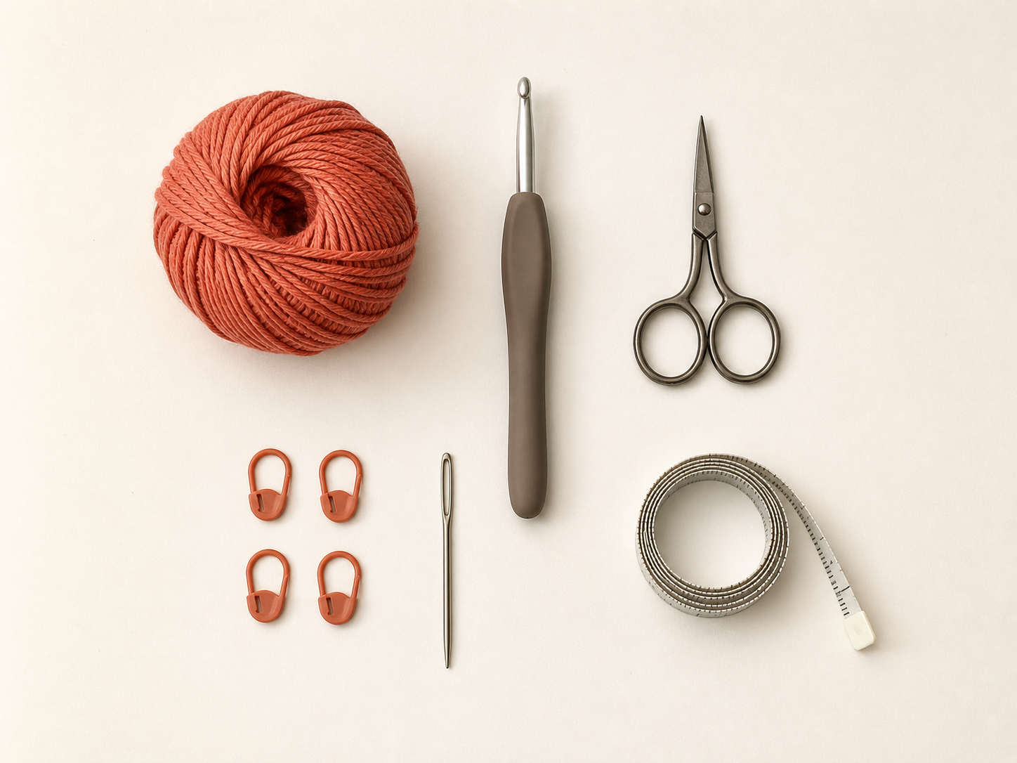 AI-assisted overhead material guide with terracotta yarn, crochet hook, scissors, needle, stitch markers and measuring tape.