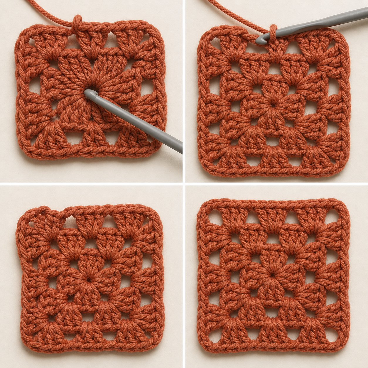 AI-assisted four-panel comparison: a hook wrongly entering the center ring, then correctly entering an open chain space.