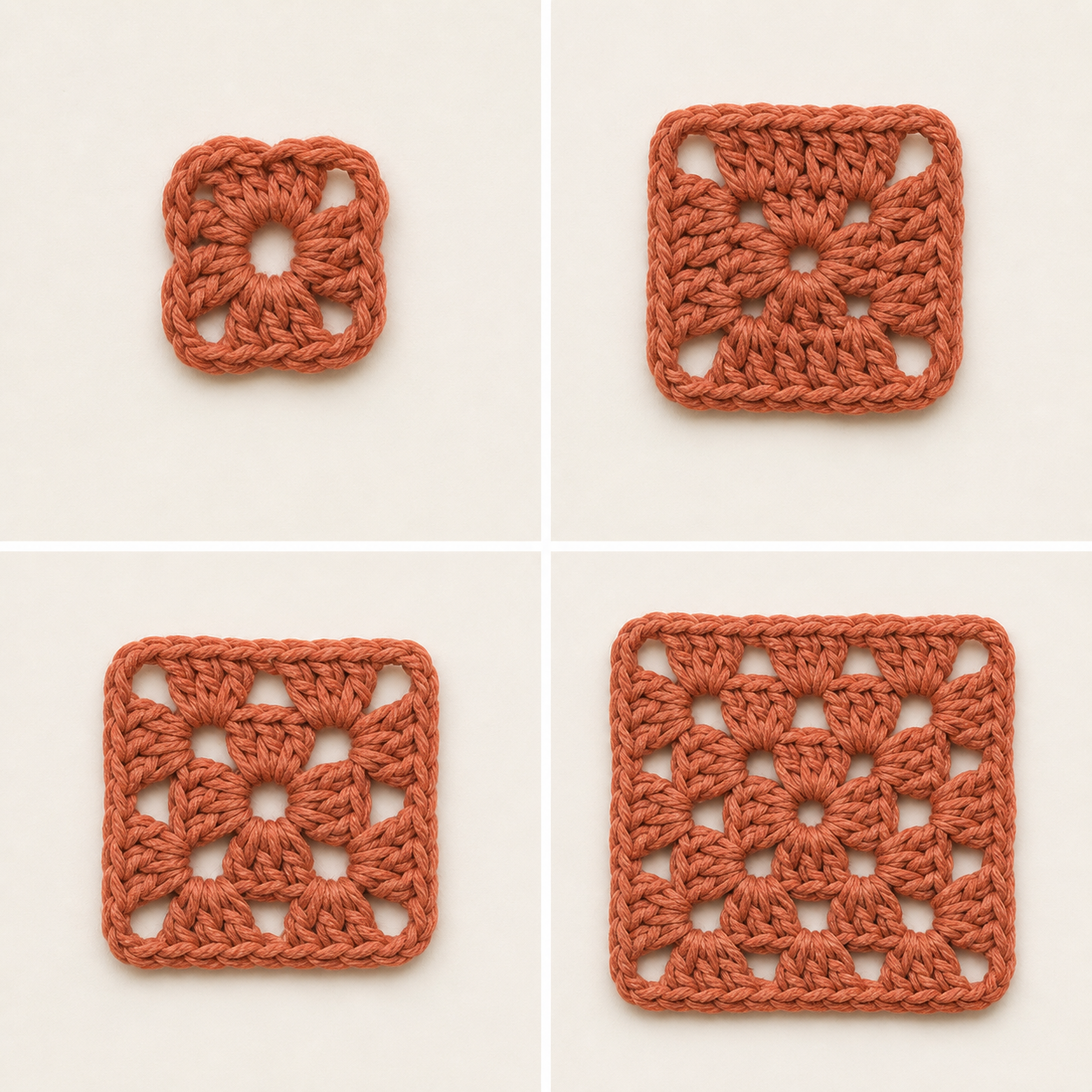 AI-assisted four-panel top-down guide showing a granny square growing from a small center to a larger square.