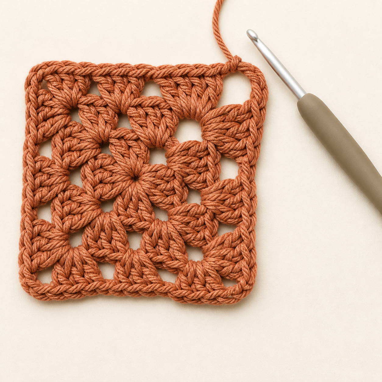 AI-assisted close-up of a terracotta granny square, with a crochet hook beside an open corner chain space.
